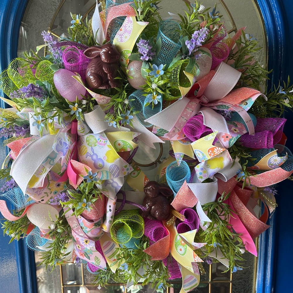 Festive Easter Wreath with Multicolor Ribbons